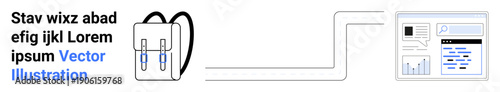 Education, online learning, data analysis, e-commerce, technology, connection. A backpack linked to a data dashboard via a drawn line. Education and online learning concept