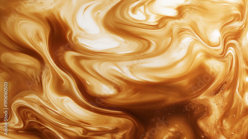 Abstract background of swirling coffee and milk mixing together creating rich marble patterns with fluid movement and caffeine beverage texture