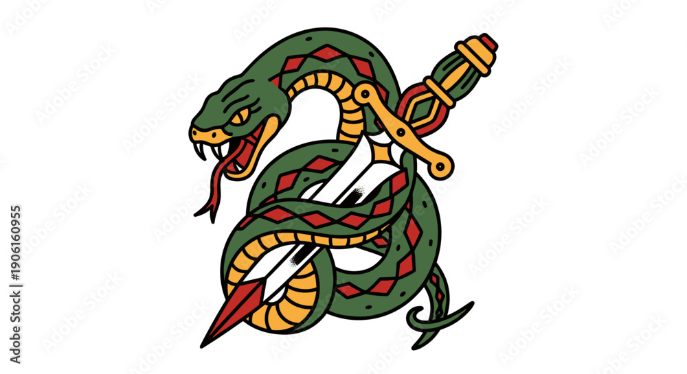Fototapeta premium Green snake wrapped around dagger cartoon.