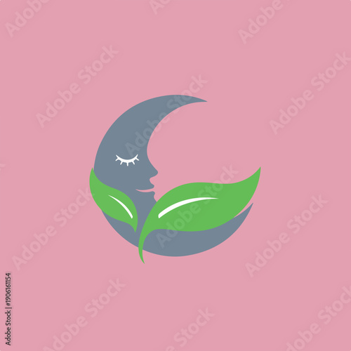 A stylized grey crescent moon with a sleeping face is adorned with two vibrant green leaves, set against a soft pink background, evoking themes of nature and tranquility.