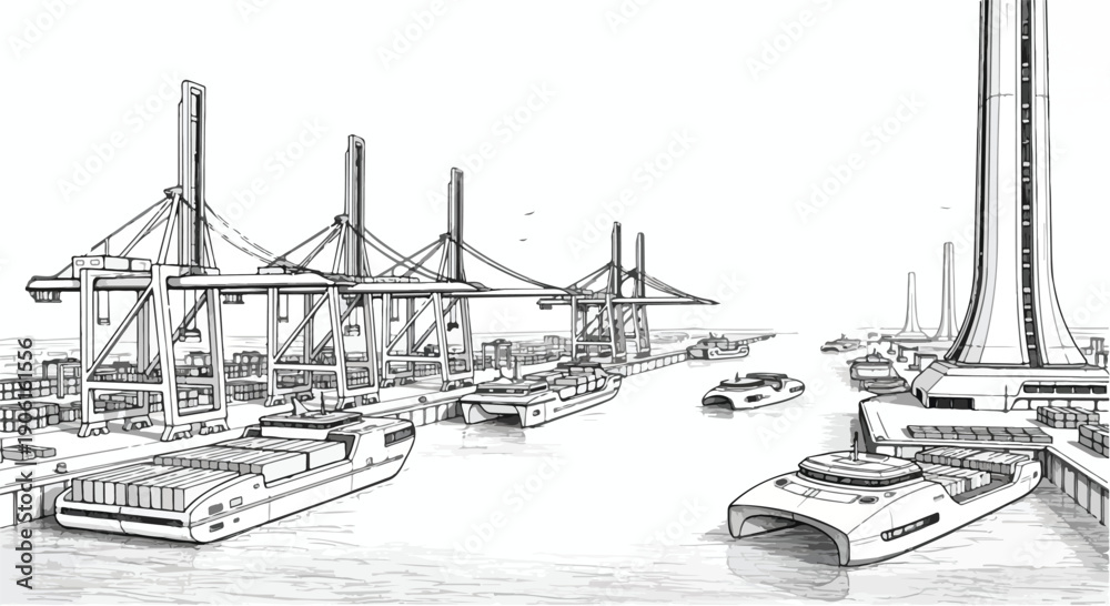 Obraz premium Ship loading dock logistics technical sketch
