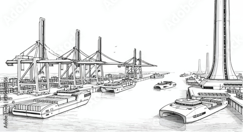 Ship loading dock logistics technical sketch