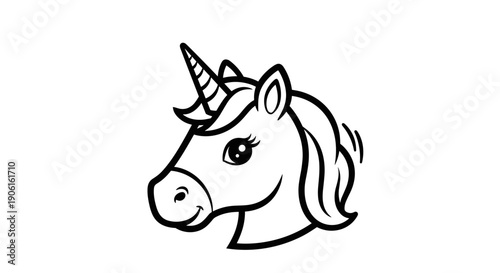 Simple Black and White Unicorn Head Illustration.