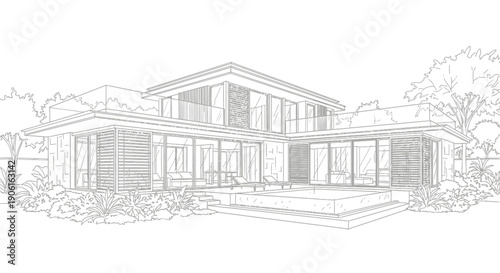 Modern Luxury Villa Architecture Outline Drawing with Swimming Pool and Garden. Contemporary House Blueprint Sketch.
