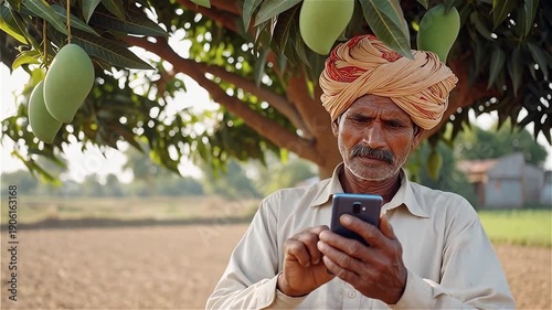 Senior Indian farmer wearing traditional turban using smartphone in mango orchard farm setting background vertical
