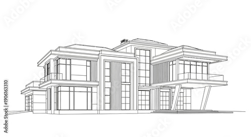 Luxury Modern House Architectural Line Drawing. Contemporary Residential Villa Blueprint Outline Isolated on White Background.