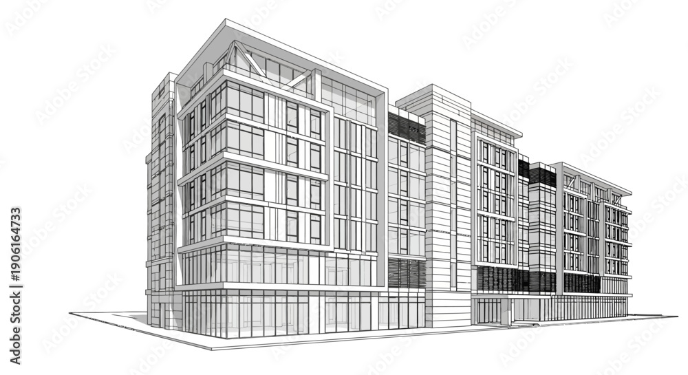 Fototapeta premium Modern Mixed-Use Residential and Commercial Building Architectural Line Drawing. Urban Development Sketch Render Isolated on White.