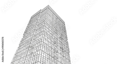 Modern Skyscraper Architectural Blueprint Sketch. Low Angle Line Drawing of High-Rise Commercial Building Structure.