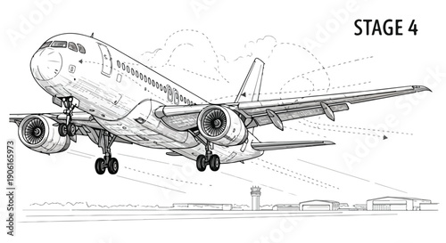 Passenger airplane takeoff aviation technical sketch