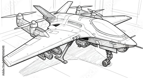 Military fighter jet aviation engineering sketch