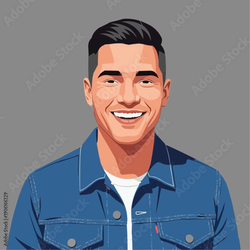 A smiling man wearing a blue denim jacket on a gray background