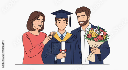 A vector illustration of a happy family celebrating a graduation milestone with a bouquet of flowers