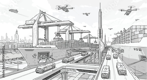 Industrial port logistics technical sketch art
