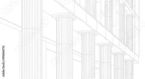 Architectural Column Line Drawing. Vector Outline of Classical Greek Pillars, Symbolizing Stability, Finance, and Law Structure.