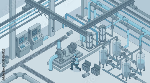 Isometric Industrial Factory Maintenance with Technician Repairing Pump System, Blue Technical Illustration of Facility Management, Engineering Infrastructure, and Manufacturing Process