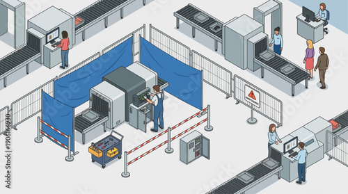 Isometric Airport Security Checkpoint Maintenance with Technician Repairing X-ray Scanner, Industrial Logistics and Aviation Infrastructure Service Illustration for Safety Management