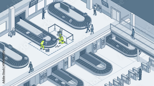 Isometric Airport Baggage Claim Maintenance Illustration with Technicians Repairing Conveyor Belt, Industrial Logistics and Transport Infrastructure Concept, Blue Line Art Vector
