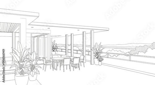 Architectural Outline Sketch of Luxury Rooftop Terrace. Modern outdoor dining area with potted plants and panoramic view.