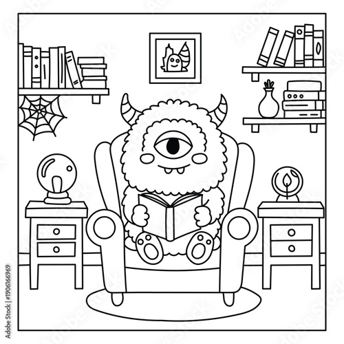 Cute one-eyed monster reading a book in a cozy armchair with bookshelves, kids coloring page.