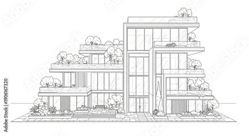 Contemporary Terraced Apartment Building Architecture Line Drawing. Sketch of a Luxury Residential Building with Green Rooftop Gardens and Large Windows.