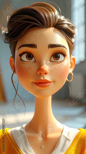 Charming Animated Woman with Expressive Eyes and Warm Smile.