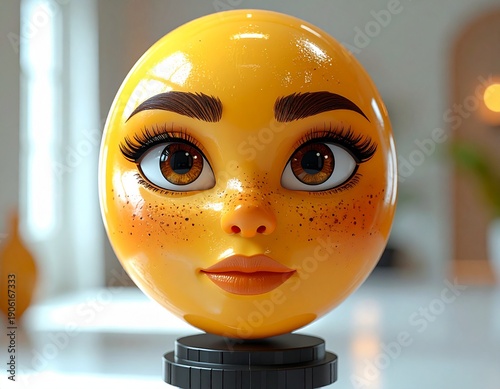 Close-up of a charming 3D emoji with expressive eyes and freckles, a delightful digital character.
