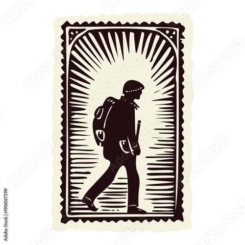 Pilgrim walker with backpacker rucksack and camino shellin stampframe. Great for Santiago decompostelo passport badge symbol. Hand drawn vector black and white icon.