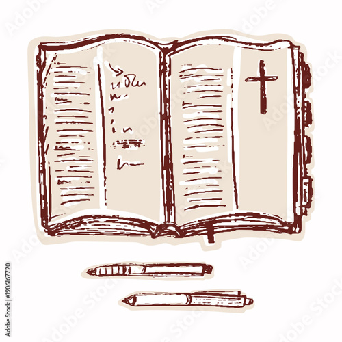 Hand drawn hand Bible you can write in study booky journal or sermon paper. Isolated flat editable vector top view sticker. Black and white motif for church, sunday school or notetaking study