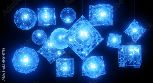 Glowing Blue Crystal Geometric Shapes Floating in Dark Abstract Background