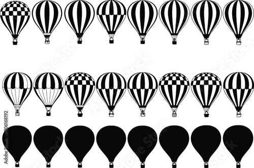 Hot air balloon silhouettes set vintage striped aerostat collection travel adventure festival sky transport black white vector illustration