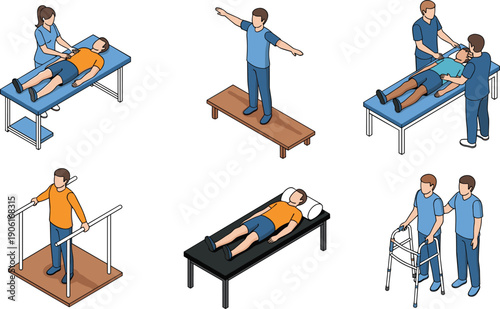 Physiotherapy rehabilitation exercises with therapist assisting patient therapy clinic treatment mobility recovery healthcare medical vector illustration set collection