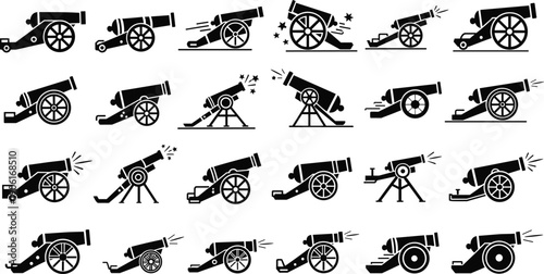 Vintage cannon silhouettes collection historic artillery weapons military war equipment black white icon set vector illustration bundle