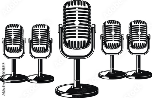 Vintage retro microphone set vector illustration classic radio podcast studio broadcast audio recording equipment black white collection