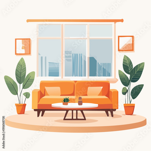 Modern living room interior with an orange sofa and plants by a large window with a city view