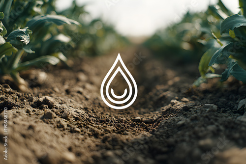 Farm field with plants in rows showing soil and water droplets during daytime near a rural area
