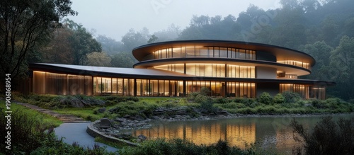 Modern circular building, illuminated at dusk, nestled in a serene forest landscape by a lake; architectural design