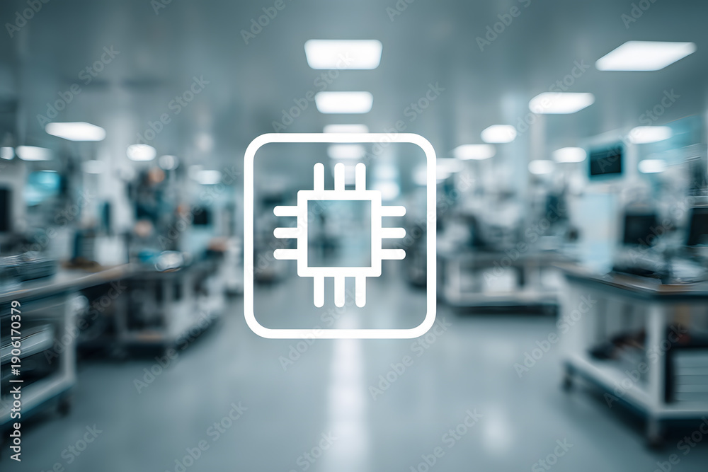 Fototapeta premium Circuit board symbol in a technology lab with equipment and workstations clearly seen in the background