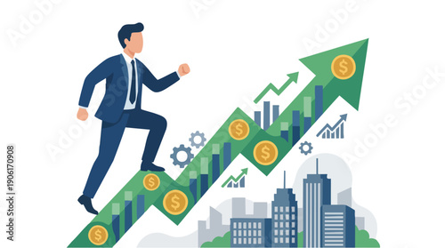 Businessman climbing growth success stairs.