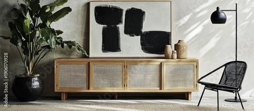 Modern wooden sideboard with abstract art, plant, and chair