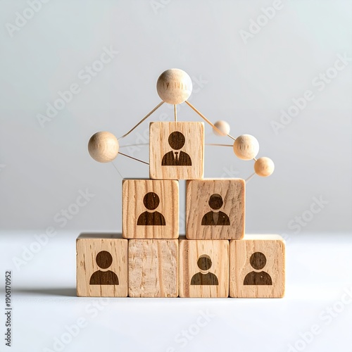 Wooden blocks with person icons forming a pyramid structure, connected by spheres, symbolizing business hierarchy and teamwork.