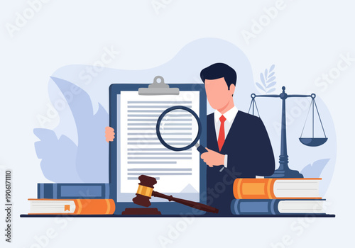 Businessman holding magnifying glass law.