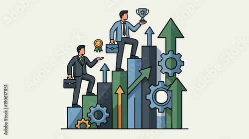 Businessman holding trophy on graph.