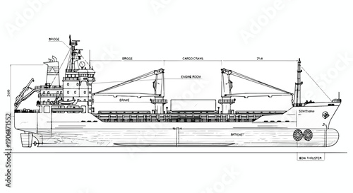 Large cargo ship vessel logistics technical sketch