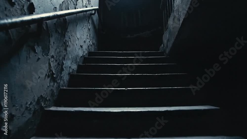 Dark Staircase Descent Through A Dim Stairwell.