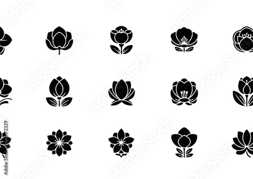 Elegant floral icon silhouette vector set with various flower designs. Suitable for logos, branding, packaging, wedding design, cosmetics, and decorative graphic elements