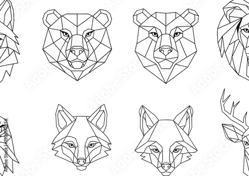 Minimal geometric animal head line art vector set featuring wolf, bear, lion, fox, deer, and owl. Perfect for logos, tattoos, branding, prints, and modern design projects.