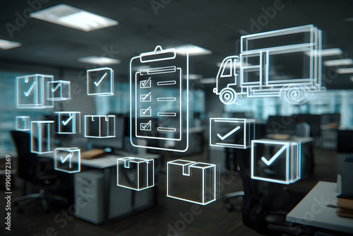 Office scene showing logistics and delivery activities with digital icons on a glass wall during work hours