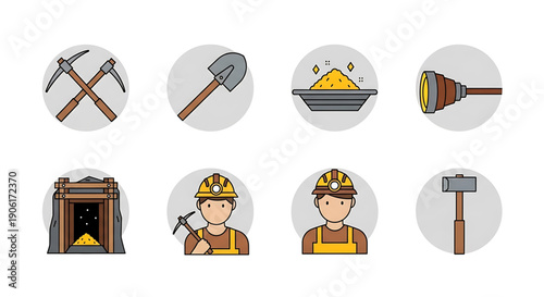 Collection of essential mining industry tools, equipment, and worker icons showcasing exploration and extraction processes in flat design style