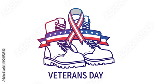 Veterans Day illustration with patriotic boots and American flag ribbon graphic honoring military