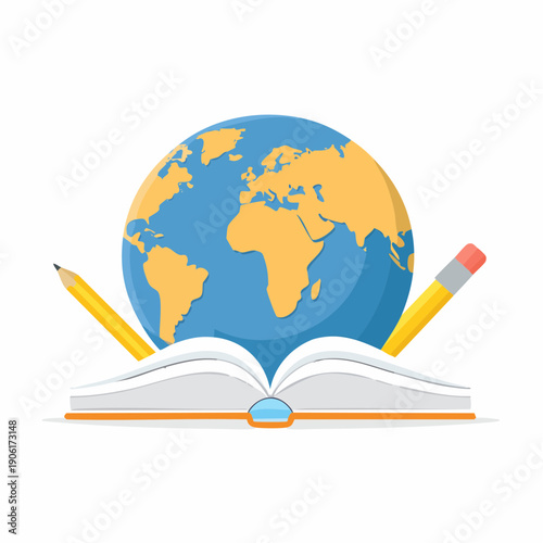 Concept of global education and knowledge with an open book, world globe, and pencils on a white background